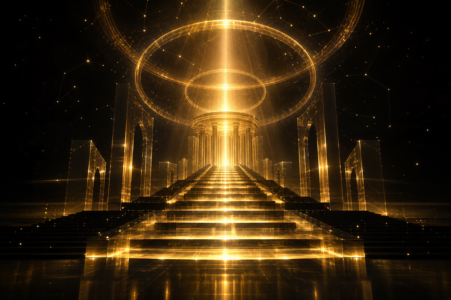 Golden ascending architectural light representing higher education transformation
