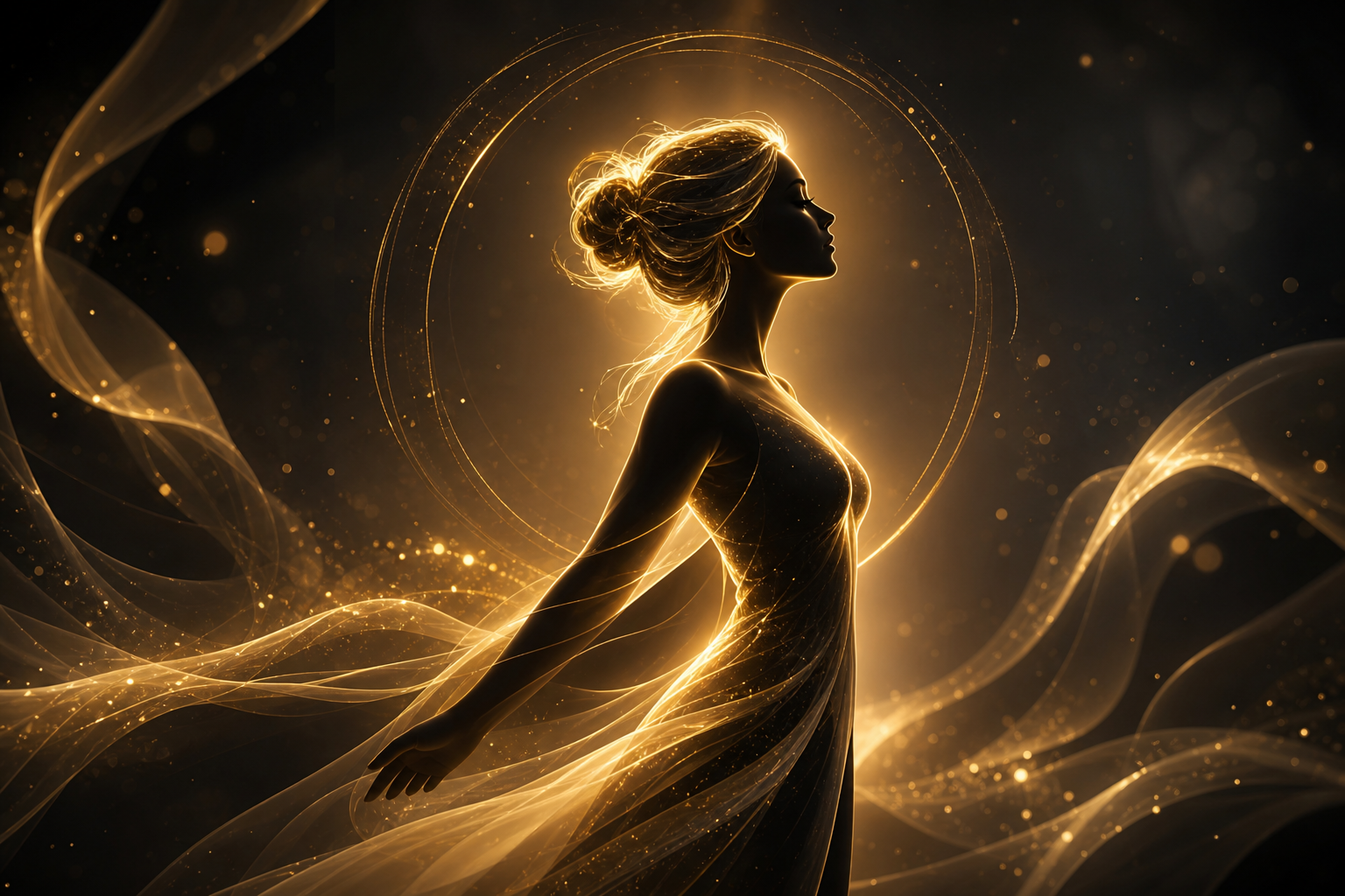 Elegant golden abstract woman silhouette symbolizing feminine leadership